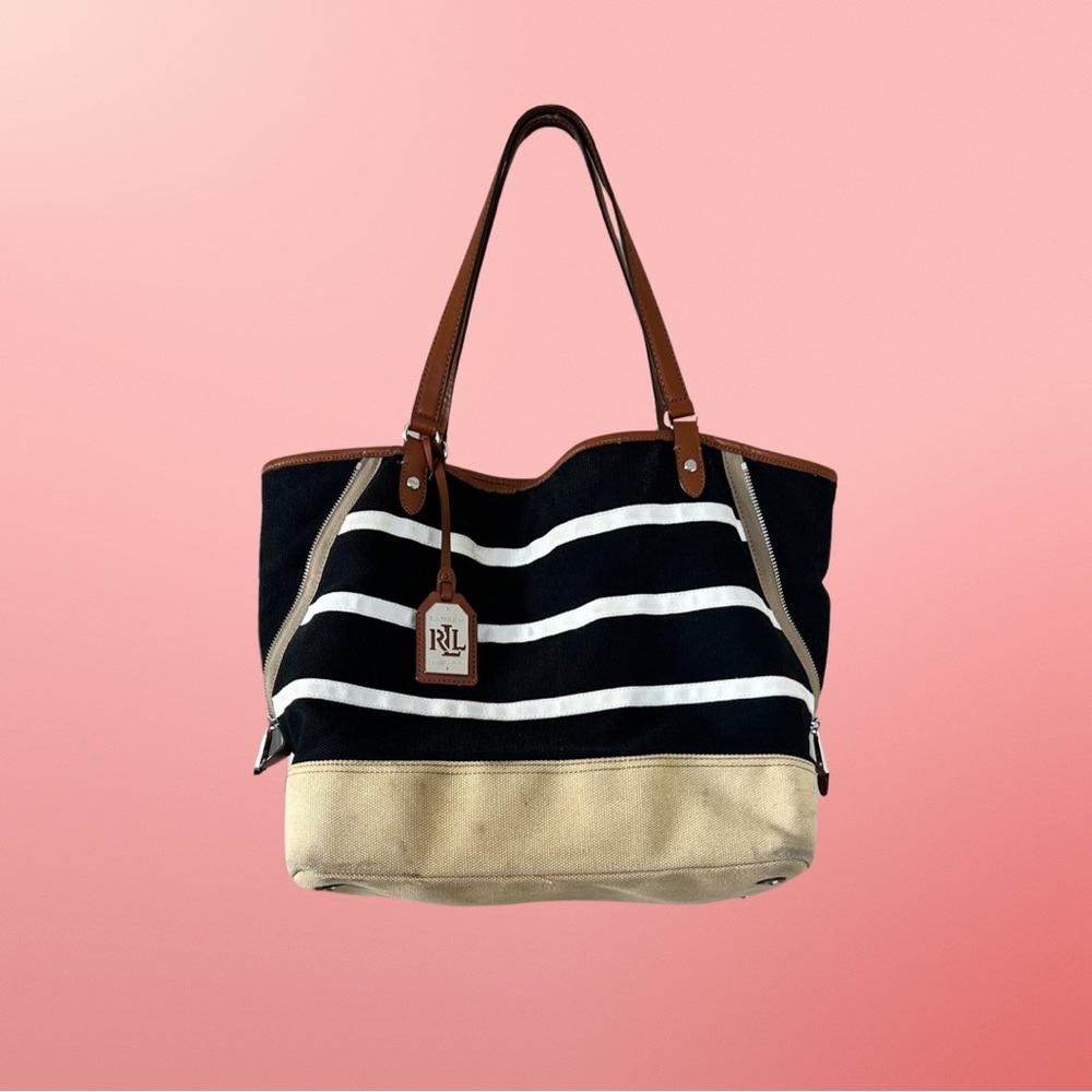 Lauren Ralph Lauren Black White Striped Canvas Tote Bag w/Leather Trim